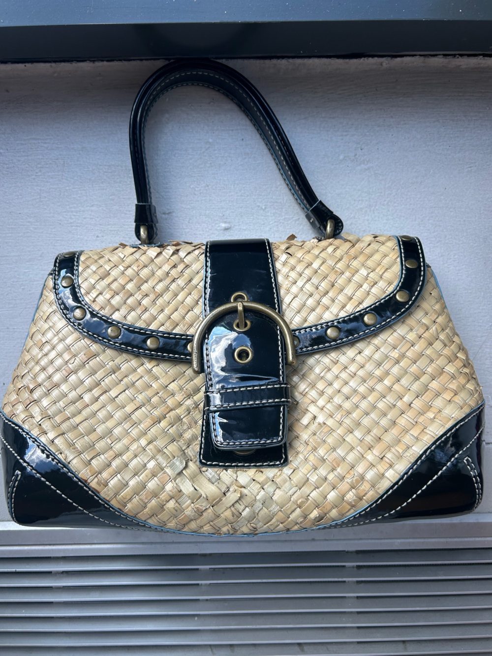Coach Natural Woven Straw Satchel with Black Patent Trim